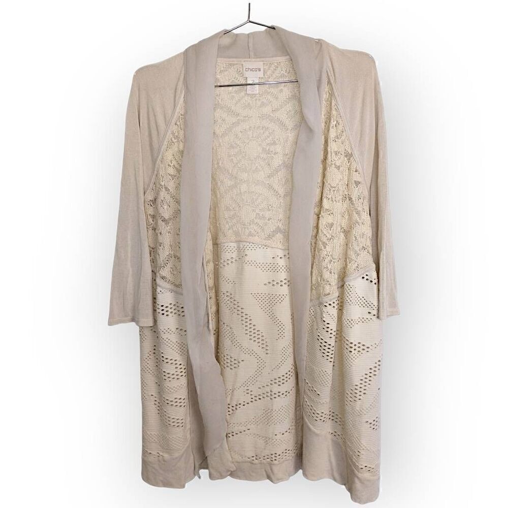 Chicos Womens Sweater Sz Medium‎ Crochet Knitted Coverup Cardigan Cottagecore